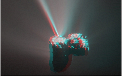Потоки воды и пыли, исходящие от кометы. Снимок в 3D