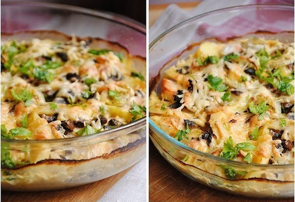 Картофельный гратен с курицей и грибами
